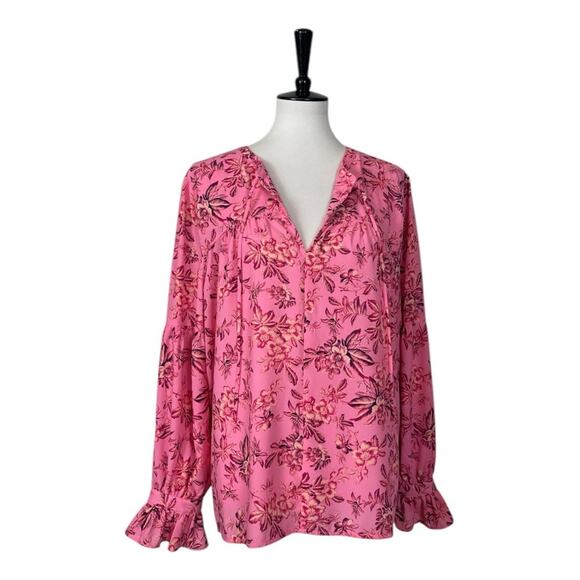 LOFT New Top Popover Tie V-neck Ruffle Sleeves Pink Multi Floral Women’s Size XL - Picture 1 of 13